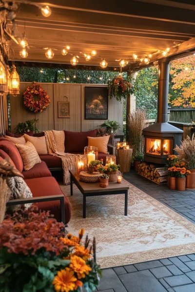 Terrasse couverte décorée pour l'automne avec canapé rouge brique, guirlandes lumineuses, foyer extérieur et bougies créant une ambiance chaleureuse et conviviale Source - Edward George Pinterest