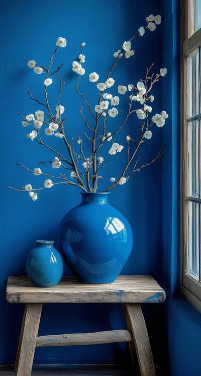 Grand vase en céramique bleu vif avec branches de fleurs blanches, accompagné d'un petit vase assorti, posé sur un banc en bois rustique contre un mur bleu près d'une fenêtre Source - ⋅•⋅⊰∙∘☽ ELATHINA ☾∘∙⊱⋅•⋅ Pinterest