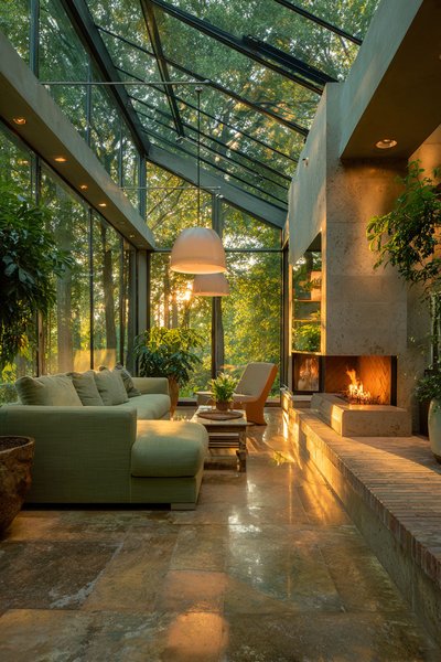 Solarium moderne avec toit de verre Source - Elevé Living Pinterest Solarium moderne avec toit de verre, foyer intégré, canapé vert, grandes plantes et lumière dorée du coucher de soleil à travers les arbre Source - Elevé Living Pinterest