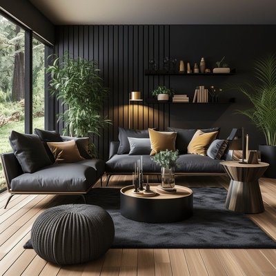 Salon contemporain avec mobilier gris charbon, accents dorés, plantes d'intérieur, mur en lattes verticales noires, plancher en bois clair et grande baie vitrée donnant sur la nature Source - elsa Pinterest