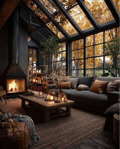 Solarium rustique avec toit vitré, foyer au bois, canapé gris foncé, déco aux tons chauds et vue sur les arbres aux feuilles d'automne Source - Emelie Nygren Pinterest