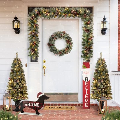 Entrée de maison décorée pour Noël avec couronne, guirlande lumineuse, deux petits sapins, pancarte 'BELIEVE', tapis 'HO HO HO' et une silhouette de chien avec un panneau 'WELCOME' - Wayfair