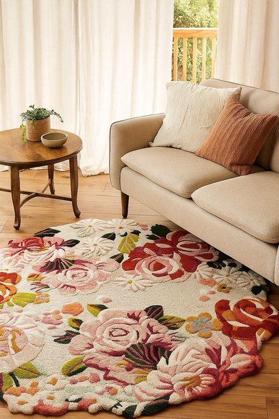 Tapis floral coloré à motif de roses Source - EtsyCA Pinterest Tapis floral coloré à motif de roses dans un salon lumineux avec canapé beige, coussins assortis et table basse en bois Source - EtsyCA Pinterest