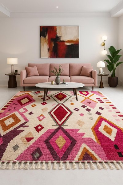 Salon moderne avec canapé rose Source - EtsyCA Pinterest Salon moderne avec canapé rose, table basse ronde en marbre, et tapis aux motifs géométriques colorés dans les tons de rose, rouge, orange et crème Source - EtsyCA Pinterest