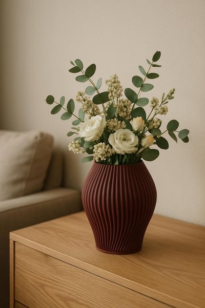Vase côtelé en céramique bordeaux contenant un arrangement floral de roses blanches, de petites fleurs crème et de feuillage vert, posé sur une commode en bois clair dans un intérieur minimaliste Source - EtsyCA Pinterest