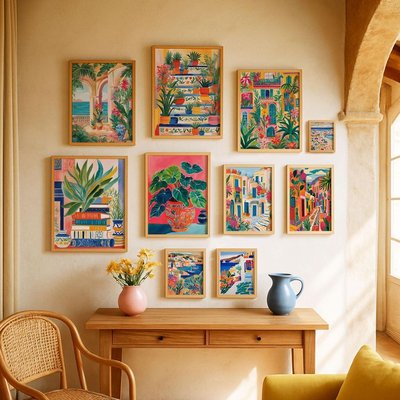 Mur décoré de plusieurs cadres colorés représentant des plantes, livres et scènes méditerranéennes, au-dessus d'une console en bois clair avec un vase rose et un pichet bleu Source - EtsyCA Pinterest