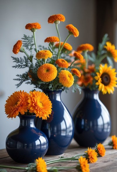 Bouquets de fleurs orange vives disposés dans des vases en céramique bleu foncé sur une table en bois Source - Everyday Wholesome Pinterest