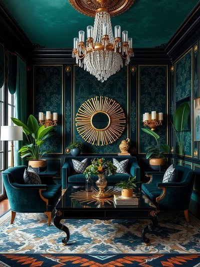 Salon luxueux aux murs vert émeraude par Family Home Inspo Home Decor, Exterior House Design Architecture Pinterest Salon luxueux aux murs vert émeraude avec mobilier en velours, lustre en cristal, accents dorés et miroir soleil central pour une ambiance élégante et sophistiquée par Family Home Inspo Home Decor, Exterior House Design Architecture Pinterest