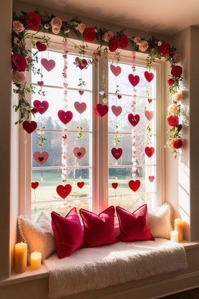 Fenêtre décorée pour la Saint-Valentin avec guirlandes de cœurs rouges et roses, coussins fuchsia, bougies et guirlande florale encadrant la vitre Source - Saba Afzal Pinterest
