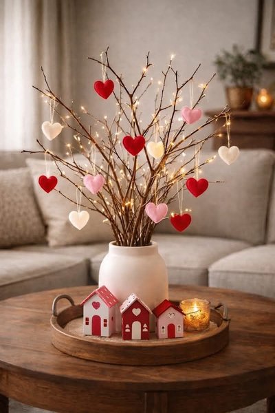 Centre de table de la Saint-Valentin avec branches décorées de cœurs suspendus rouges, roses et blancs, accompagnées de lumières douces et de petites maisons décoratives sur un plateau en bois Source - Rosario Pleitez Pinterest