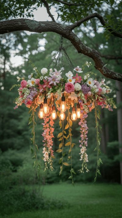 Lustre extérieur suspendu à un arbre, décoré de fleurs fraîches et d'ampoules vintage dans un décor de forêt Source - Flowers Bouquet Ideas Flowers Aesthetic Pinterest