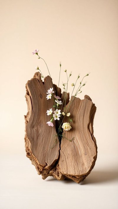 Arrangement floral artistique avec de petites fleurs délicates insérées dans un morceau de bois brut sur fond beige Source - Franciska Miky.R Pinterest