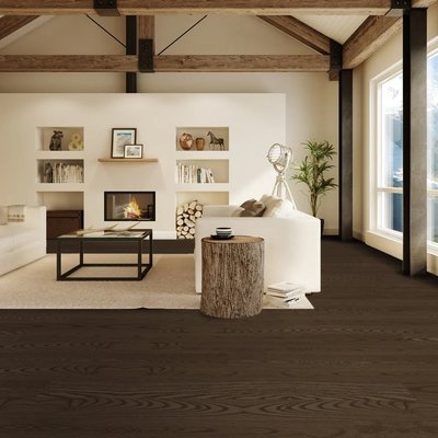 Salon chaleureux au style rustique chic avec plancher en frêne foncé V+ Max, offert chez Flordeco au Québec