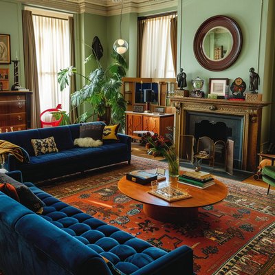 Salon vert vintage avec murs vert sauge, canapés en velours bleu, tapis oriental rouge et cheminée encadrée de boiseries anciennes pour une ambiance chaleureuse et élégante par Gabriella Hartmann Pinterest