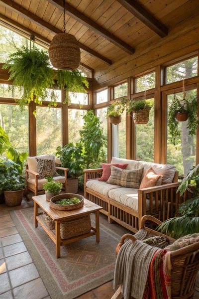 Solarium rustique en bois Source - Garden.eco Plants, Garden & DIY Pinterest Solarium rustique en bois avec plafond cathédrale, mobilier en bois naturel, coussins aux tons chauds et nombreuses plantes suspendues et en pots Source - Garden.eco Plants, Garden & DIY Pinterest