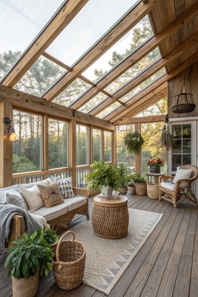 Solarium en bois avec toit cathédrale vitré, mobilier en rotin, coussins décoratifs, plantes en pots et ambiance chaleureuse en pleine nature Source - Garden.eco Plants, Garden & DIY Pinterest