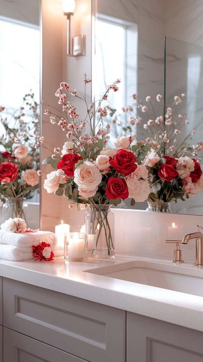 Espace lavabo raffiné avec bouquet de roses rouges et blanches, serviettes blanches et chandelles allumées pour une ambiance relaxante Source - GlamorousPlace Bathroom Decor & Ideas Pinterest