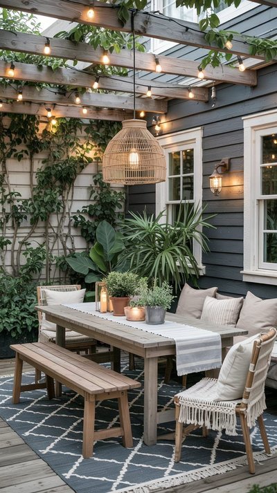Terrasse extérieure chaleureuse avec pergola en bois Source - Grow Your Yard Pinterest Terrasse extérieure chaleureuse avec pergola en bois, guirlandes lumineuses, table rustique et plantes tropicales Source - Grow Your Yard Pinterest