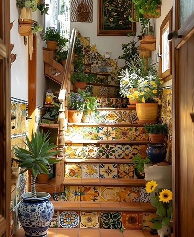 Escalier décoratif aux carreaux colorés et plantes d'intérieur inspiré de Hailey Fillion sur Pinterest – ambiance chaleureuse et ensoleillée