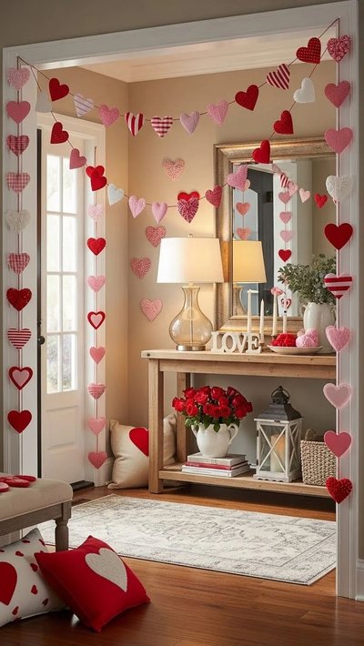 Entrée de maison décorée pour la Saint-Valentin avec guirlandes de cœurs suspendues, coussins rouges et roses, bouquet de roses rouges et accessoires romantiques sur une console en bois Source - Enikő Malomsoki Pinterest