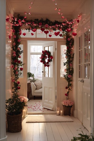 Entrée romantique décorée pour la Saint-Valentin avec guirlandes de cœurs suspendues, guirlandes lumineuses, roses rouges et roses, et couronne en forme de cœur sur la porte Source - Roomend | Your Perfect Room Finish Pinterest
