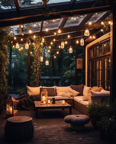 Solarium couvert avec toit en verre, canapé en coin, guirlandes lumineuses suspendues, lanternes et ambiance cocooning en soirée Source - hiksarchives_Pinterest