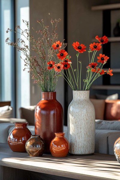 Collection de vases en céramique aux tons terre cuite, brun et crème, ornés de fleurs séchées et rouges, disposés sur une console dans un intérieur moderne et lumineux Source - Hobbydisiac Home Decor Home Improvements Office Decor Pinterest