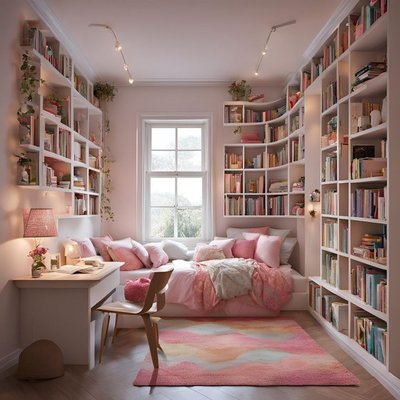 Chambre cosy aux tons rose pastel avec lit entouré de bibliothèques remplies de livres, bureau blanc, coussins moelleux et tapis coloré Source - home bedroom refresh Pinterest