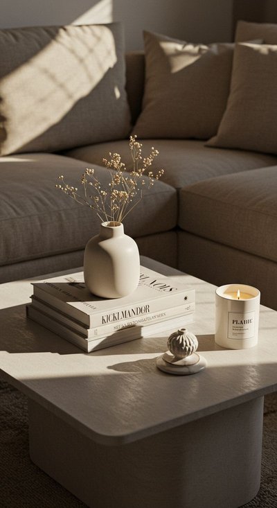 Salon minimaliste aux tons neutres avec canapé beige, table basse décorée de livres, vase en céramique et chandelle Source - Home Decor Inspo Pinterest