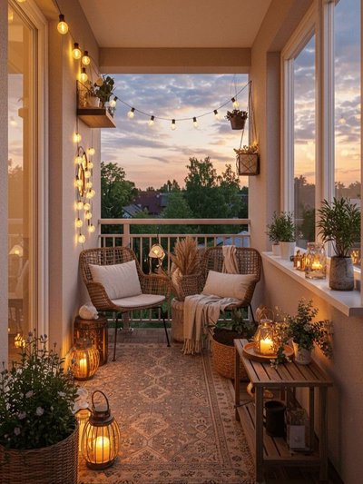 Balcon étroit aménagé avec chaises en rotin, lanternes, guirlandes lumineuses, tapis à motifs et plantes en pot, offrant une vue paisible au coucher du soleil Source - Home Decor & Kitchen Essentials HomeKitchenTrend Pinterest