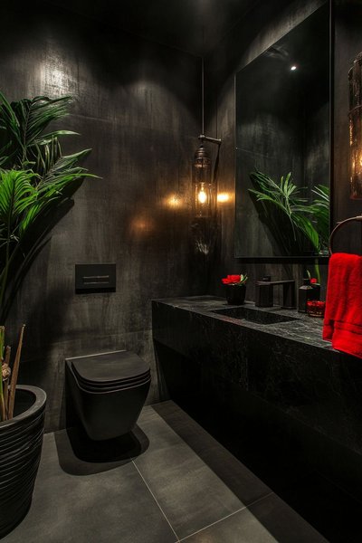 Salle d'eau moderne au design audacieux avec murs noirs texturés, toilette suspendue, lavabo en pierre noire, éclairage tamisé et accents végétaux et rouges pour une touche de contraste élégante Source - Homely Essentials Hub Pinterest