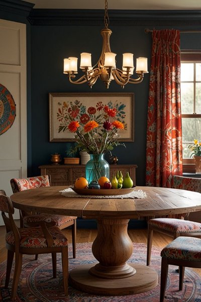 Salle à manger élégante avec table ronde en bois massif, chaises tapissées à motifs, lustre classique suspendu et centre de table composé d'un vase turquoise et d'un plateau de fruits colorés Source - Homiezza Pinterest