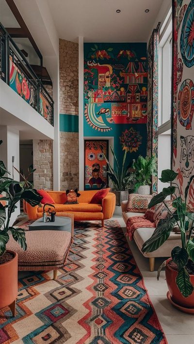 Salon coloré au style éclectique avec murale artistique, tapis ethnique, canapés orange et beige, plantes vertes et décor mural vibrant Source - HOMMÉS Studio Pinterest