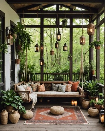 Terrasse bohème en bois avec une balancelle suspendue Source - Homrest Pinterest Terrasse bohème en bois avec une balancelle suspendue, des lanternes suspendues, des coussins colorés et des plantes vertes créant une ambiance chaleureuse et naturelle Source - Homrest