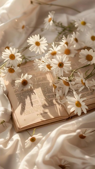 Livre ancien ouvert sur un poème de printemps, décoré de marguerites blanches sous une douce lumière naturelle Source - Евгения Pinterest