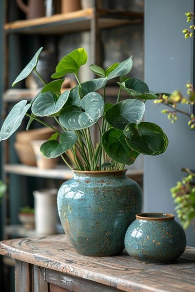 Plante verte aux grandes feuilles dans un vase en céramique bleu-vert, posée sur une table en bois rustique, avec un petit pot assorti à côté Source - ???????????????????????? ???????????????? Pinterest