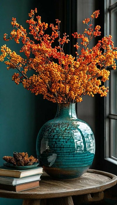 Vase rond en céramique bleu-vert brillant contenant des branches de baies orange et rouges, posé sur une table en bois rustique avec des livres empilés et des pommes de pin décoratives Source - Дизайнер Алла Полянская Pinterest