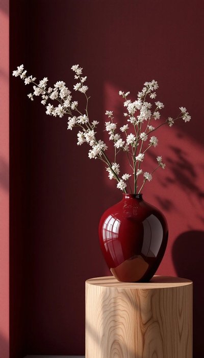 Vase en céramique rouge foncé contenant des branches de fleurs blanches, posé sur un socle en bois clair, devant un mur bordeaux dans un intérieur minimaliste Source - МЕТР Pinterest