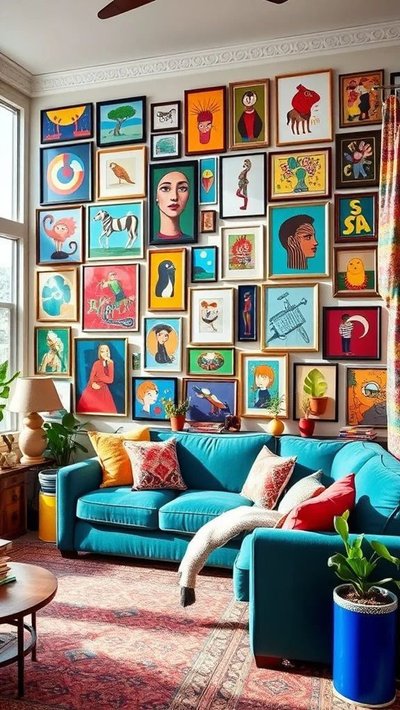 Salon éclectique et coloré avec un canapé bleu vif et une galerie murale composée de nombreuses œuvres d'art encadrées Source - Олеся Ніколенко Pinterest