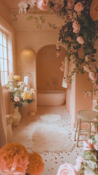 Salle de bain romantique aux tons pêche avec baignoire en alcôve, tapis duveteux, fleurs fraîches et lumière tamisée Source - Pinterest