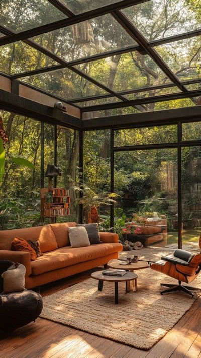 Solarium contemporain avec toit et murs en verre Source - Ди Pinterest Solarium contemporain avec toit et murs en verre, canapé orange, mobilier en bois et vue directe sur un jardin luxuriant Source - Ди Pinterest