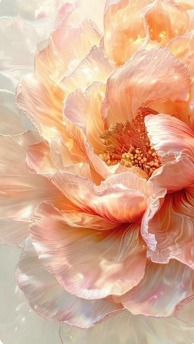 Gros plan artistique d'une fleur aux pétales nacrés rose pêche, illuminée par une douce lumière dorée Source - Апполлинария Pinterest