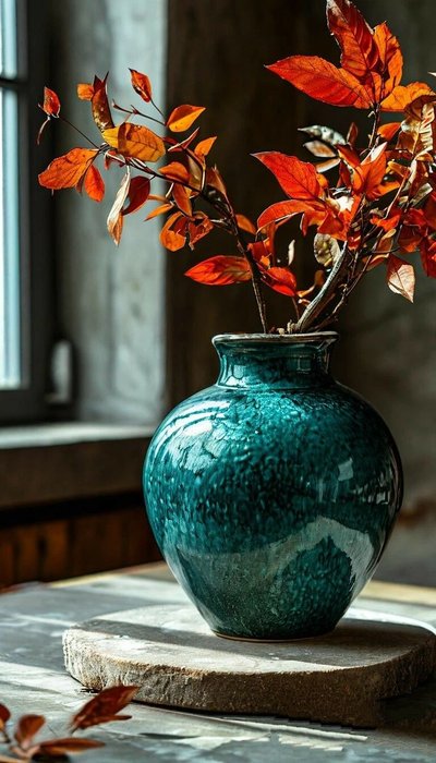 Vase en céramique émaillée vert émeraude avec branches de feuillage automnal orange, posé sur une base en pierre ronde dans un intérieur rustique et lumineux Source - Дизайнер Алла Полянская Pinterest