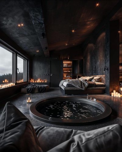 Chambre luxueuse à l'ambiance tamisée avec spa intégré au sol, lit contemporain, chandelles décoratives et grande fenêtre donnant sur un paysage boisé Source - Данил Pinterest