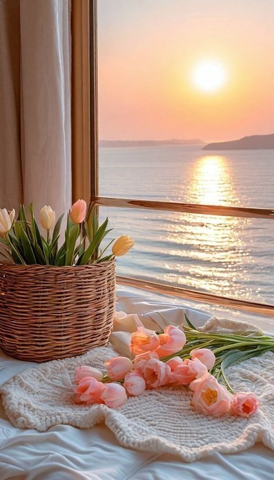 Bouquet de tulipes roses et jaunes placé près d'une fenêtre ouverte sur un coucher de soleil doré au-dessus de la mer Source - Аффирмация дня Pinterest