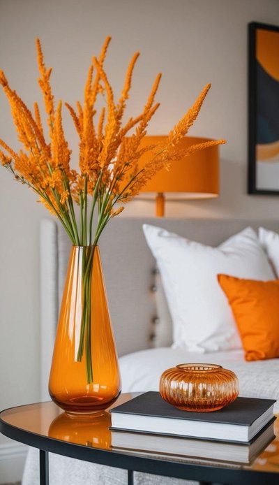 Vase décoratif orange translucide avec des fleurs séchées orange sur une table de chevet, dans une chambre moderne aux tons chauds avec coussins et lampe assortis Source - ???????????????? Pinterest