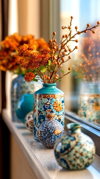 Vases en céramique artisanale peints à la main avec des motifs floraux colorés, exposés sur un rebord de fenêtre et garnis de fleurs orange automnales Source - Инна Pinterest
