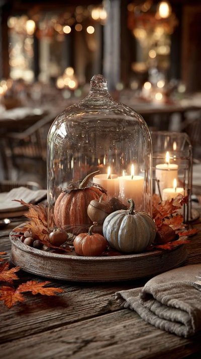 Centre de table d'automne avec mini citrouilles, feuilles colorées et chandelles sous cloche en verre, disposé sur une table en bois rustique dans une ambiance chaleureuse Source - Hygge and cozy Pinterest