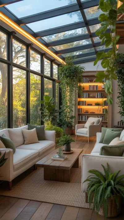 Solarium moderne avec toit vitré Source - Ideas for Interior Interior Design & Home Decor InspirationPinterest Solarium moderne avec toit vitré, mobilier blanc et vert, bibliothèque intégrée, plantes suspendues et lumière naturelle abondante Source - Ideas for Interior Interior Design & Home Decor InspirationPinterest