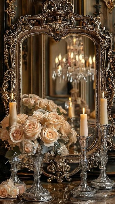 Miroir baroque doré reflétant un lustre, avec bouquet de roses ivoire et chandeliers argentés ornés de bougies allumées